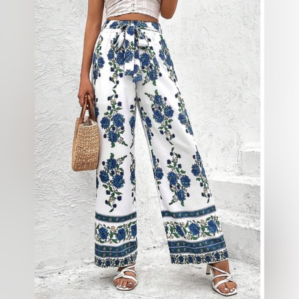 White/Blue Floral Print Belted Wide Leg Pants